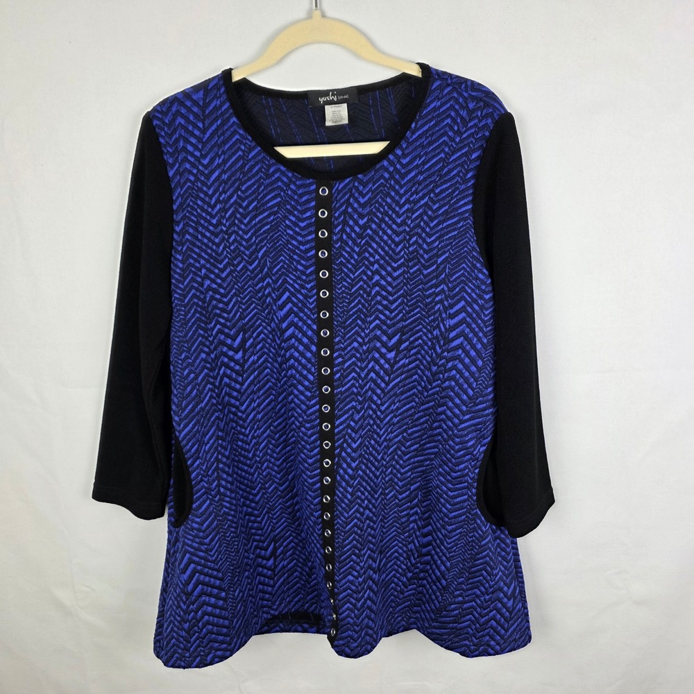 Yushi Blue Black Chevron Grommet Trim 3/4 Sleeve Pockets Tunic Top S 1952